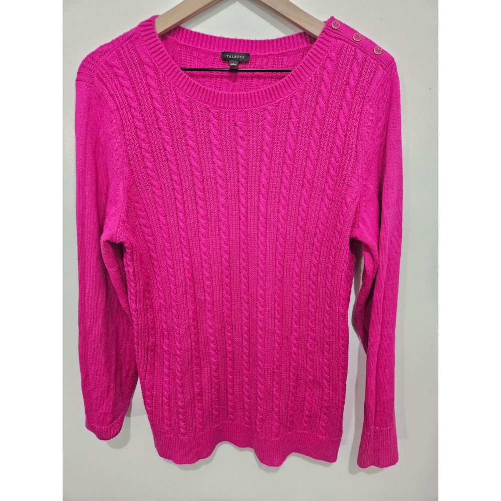 Talbots Cable Knit Sweater Large Hot Pink Fuchsia Shoulder Buttons Preppy
